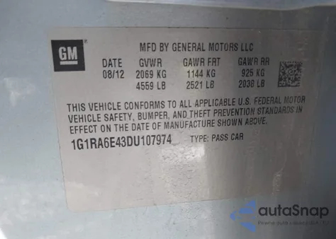 2013 Chevrolet Volt из США, поврежденный, VIN 1G1RA6E43DU107974